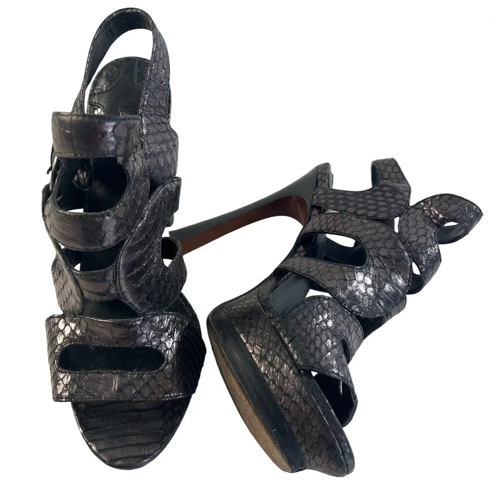 Max Womens Metallic Pewter Snakeskin Embossed Platform Cage Sandals Heels 8M
